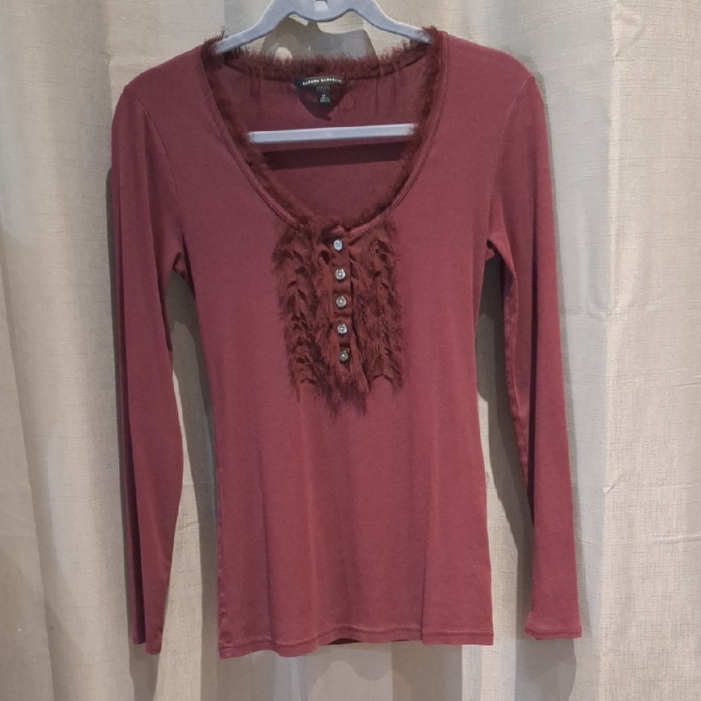 Banana Republic Henley Frayed Ruffle Detail Burgandy Longsleeve Top Size M